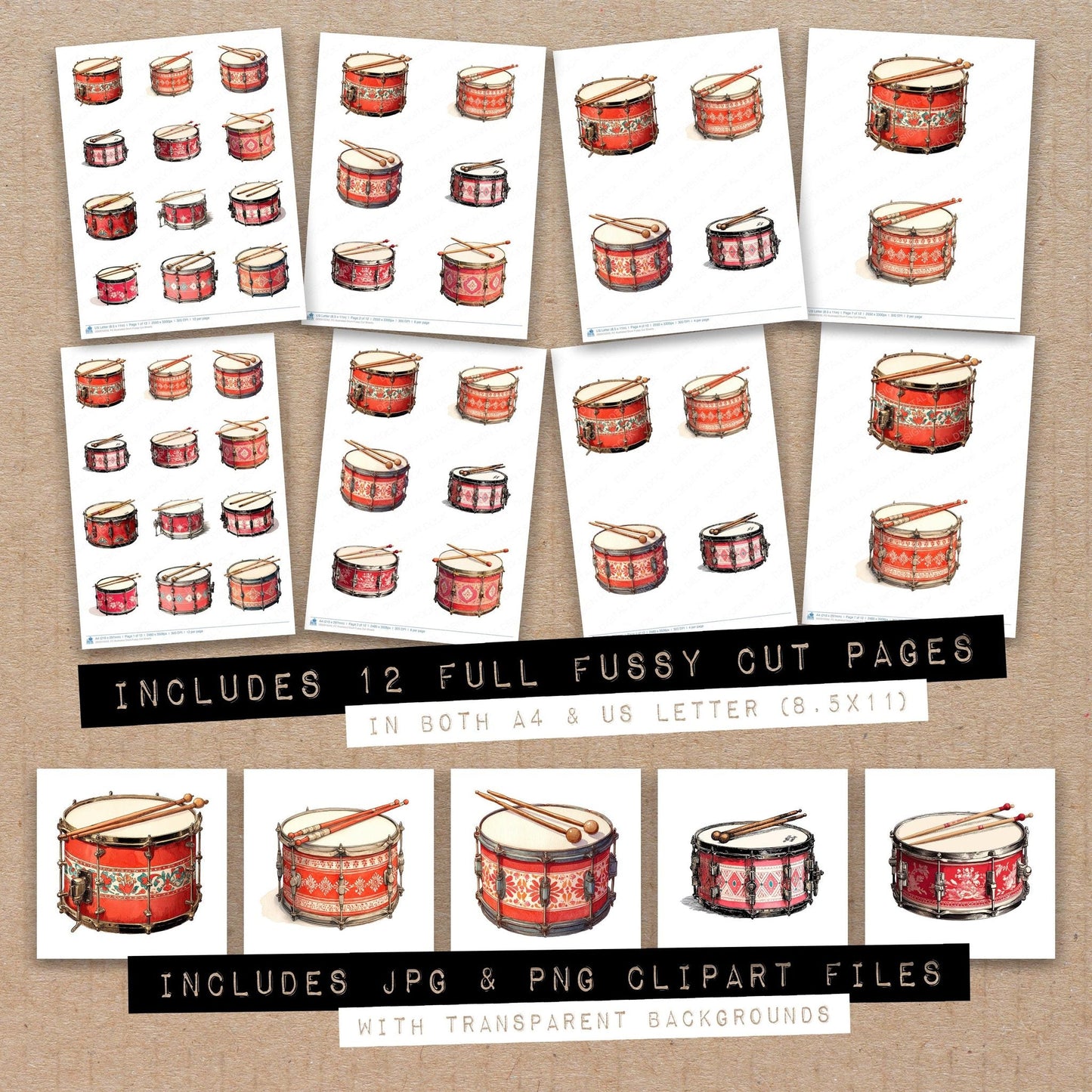 Illustrated Drum Fussy Cut Sheets (DDD010243)