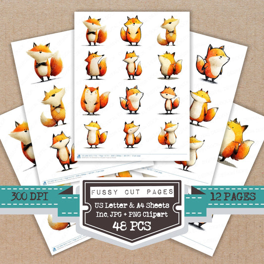 Illustrated Fox Character fussy cut printable sheets for junk journaling, scrapbooking, and paper craft projects