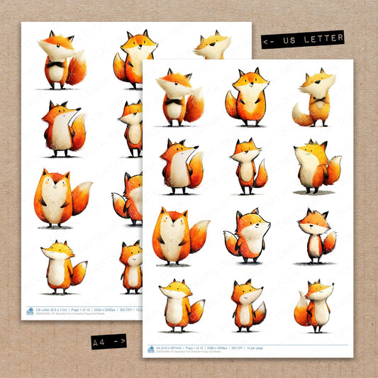 A4 and US Letter format comparison showing Illustrated Fox Character fussy cut pages for print and cut crafting