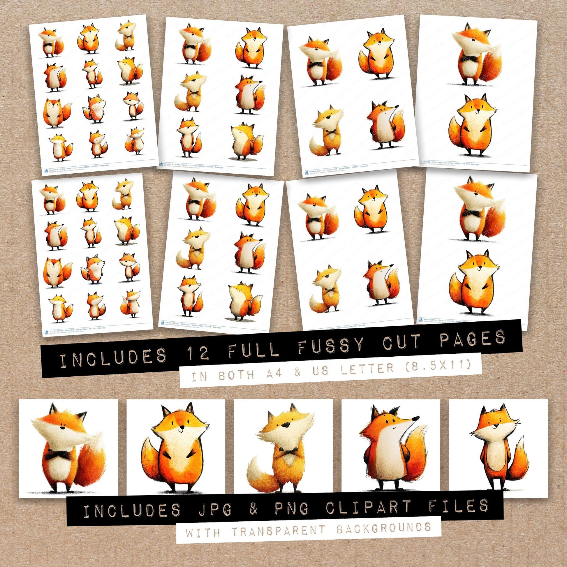 Full collection view of Illustrated Fox Character fussy cut sheets with bonus clipart JPG and PNG files