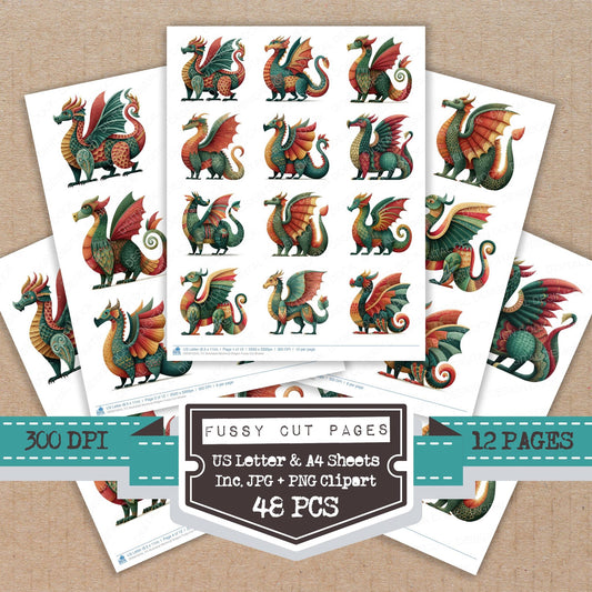 Illustrated Medieval Dragon fussy cut printable sheets for junk journaling, scrapbooking, and paper craft projects