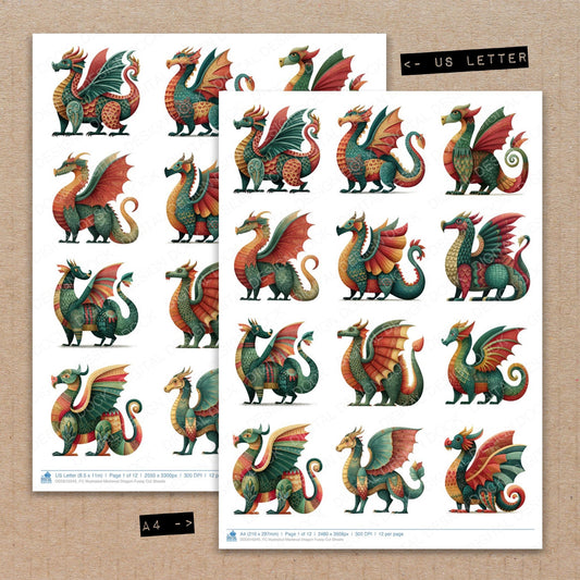 A4 and US Letter format comparison showing Illustrated Medieval Dragon fussy cut pages for print and cut crafting