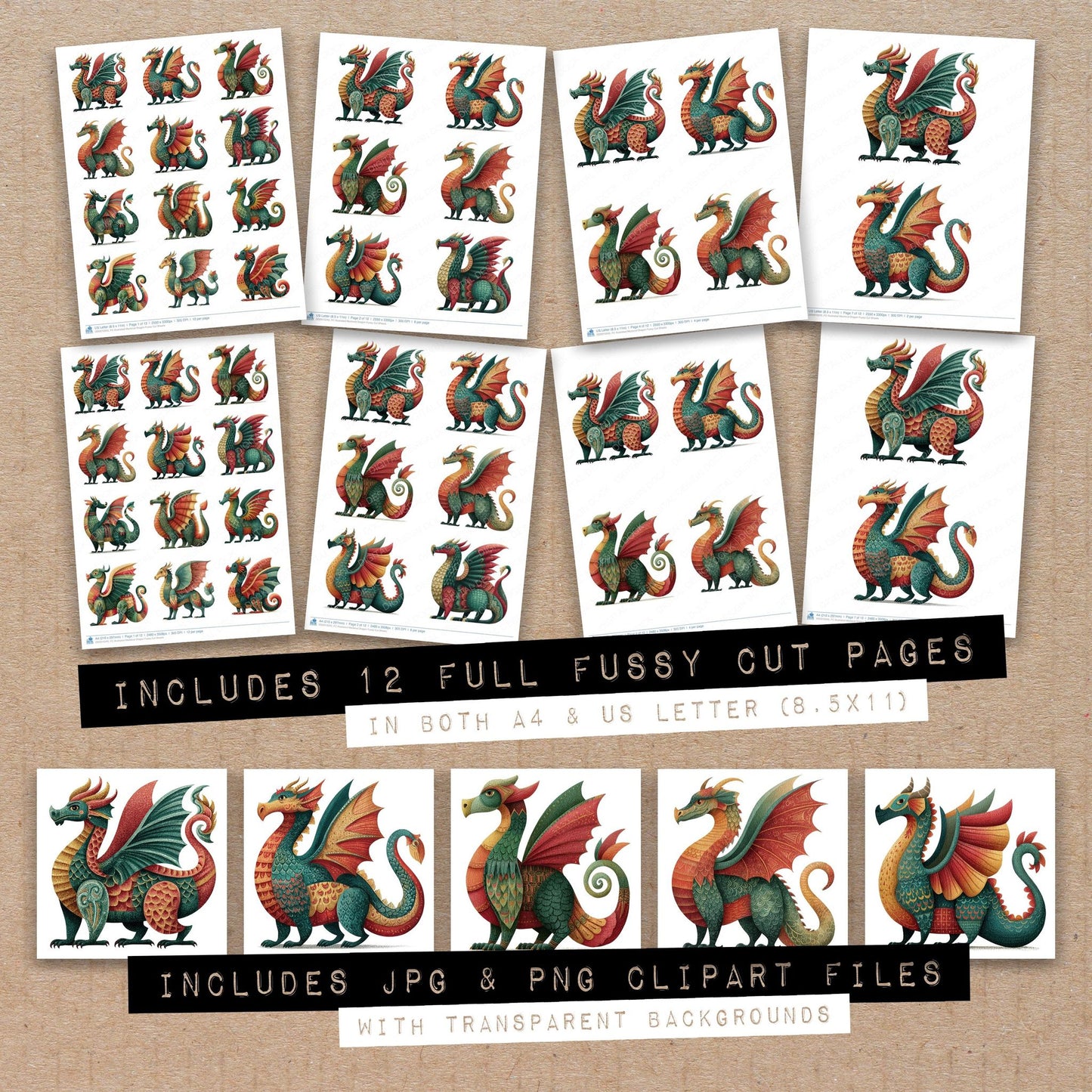 Full collection view of Illustrated Medieval Dragon fussy cut sheets with bonus clipart JPG and PNG files