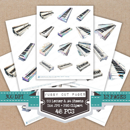 Illustrated Piano Keys fussy cut printable sheets for junk journaling, scrapbooking, and paper craft projects