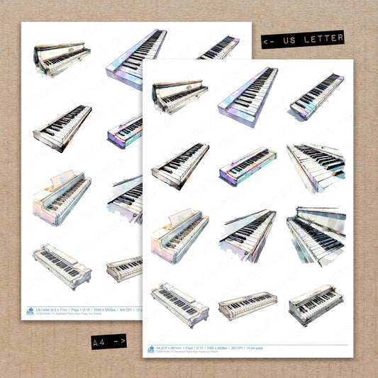 A4 and US Letter format comparison showing Illustrated Piano Keys fussy cut pages for print and cut crafting
