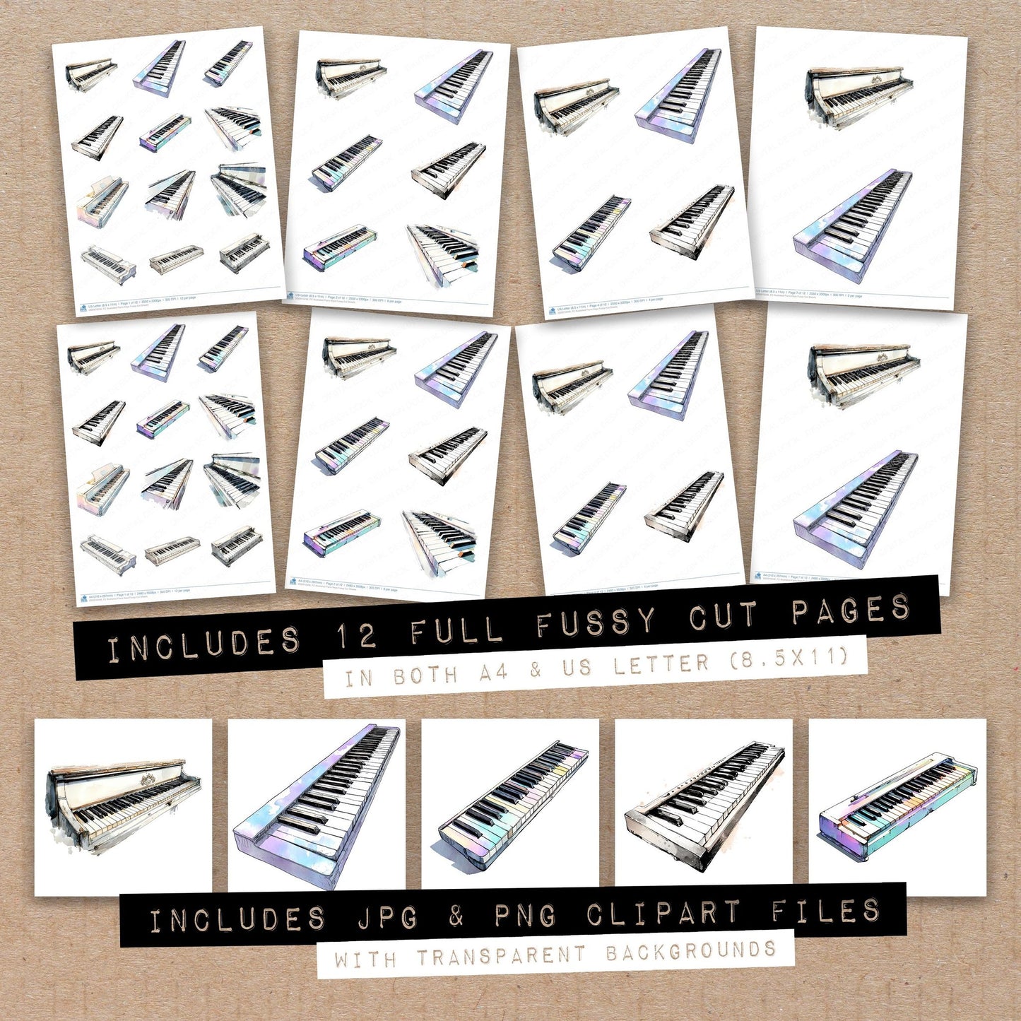 Full collection view of Illustrated Piano Keys fussy cut sheets with bonus clipart JPG and PNG files