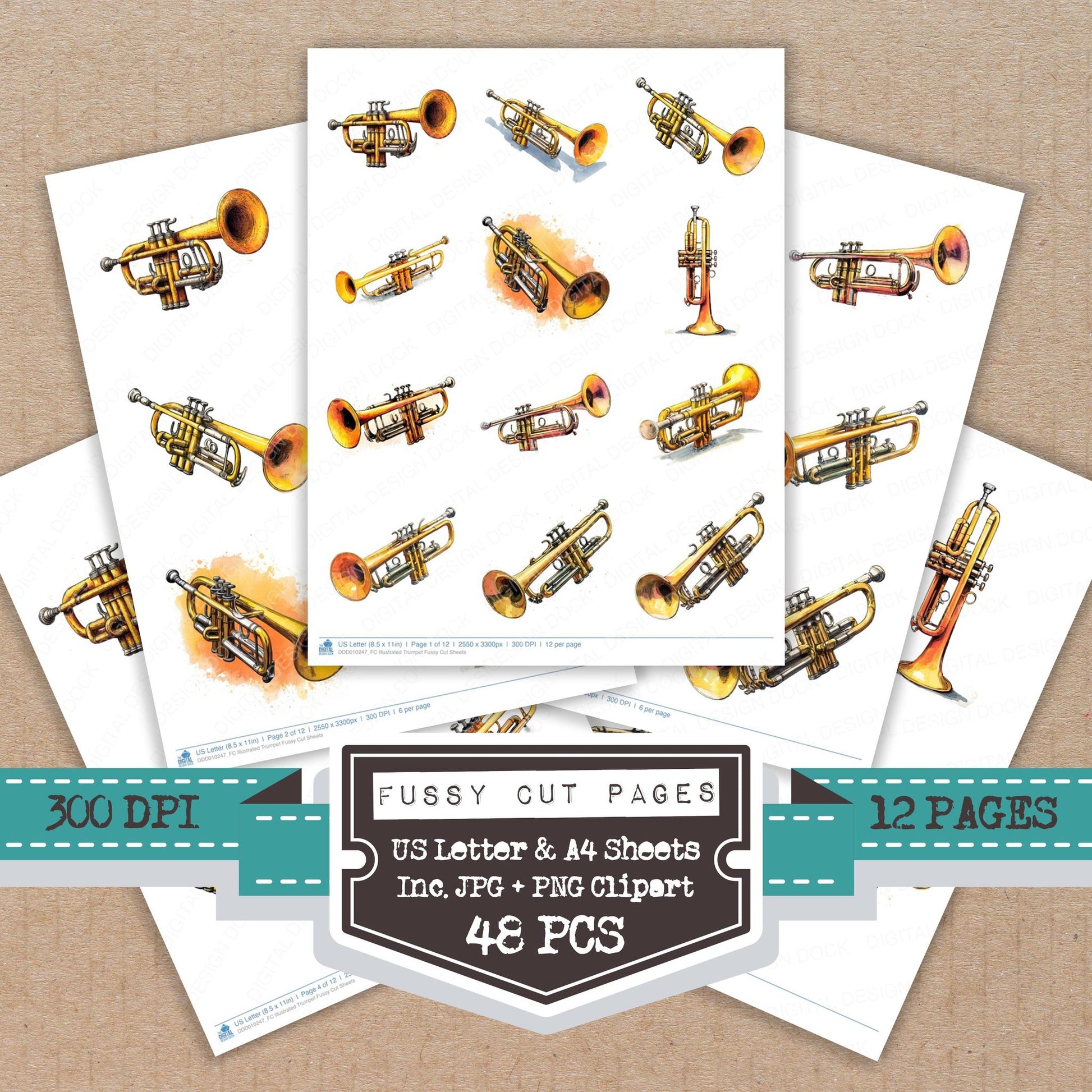 Illustrated Trumpet fussy cut printable sheets for junk journaling, scrapbooking, and paper craft projects