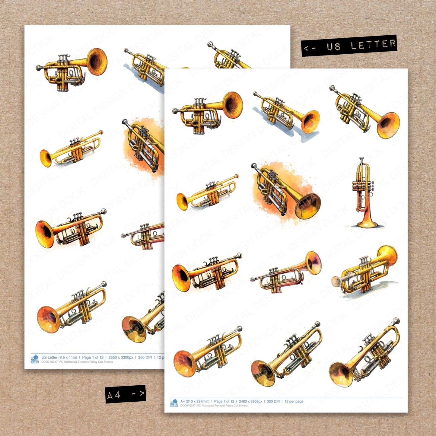 A4 and US Letter format comparison showing Illustrated Trumpet fussy cut pages for print and cut crafting