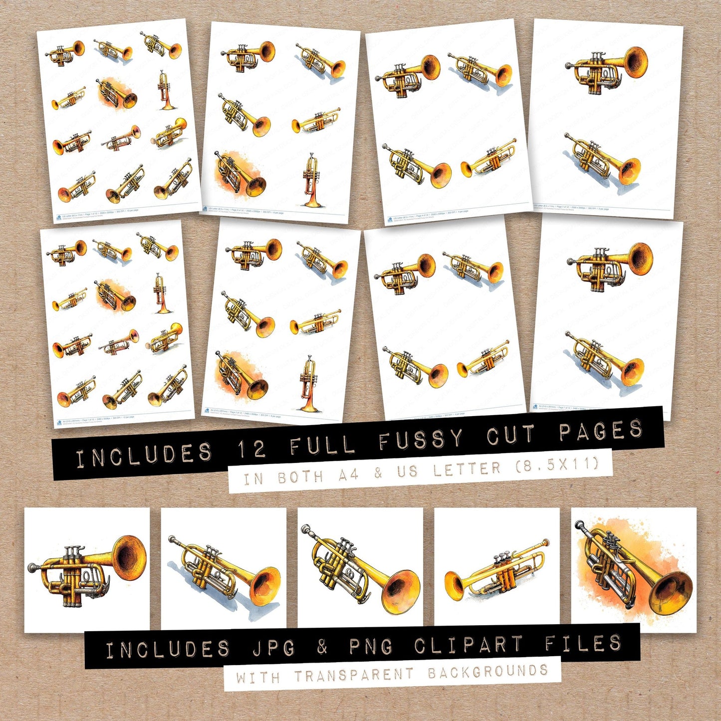 Full collection view of Illustrated Trumpet fussy cut sheets with bonus clipart JPG and PNG files