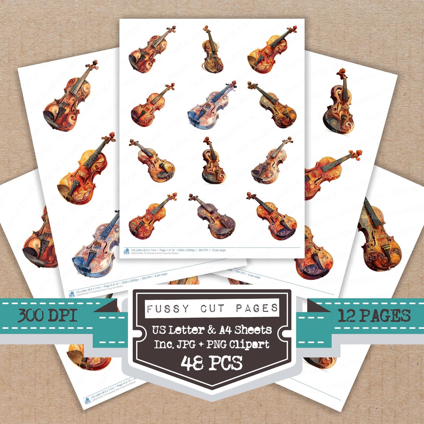 Illustrated Violin fussy cut printable sheets for junk journaling, scrapbooking, and paper craft projects