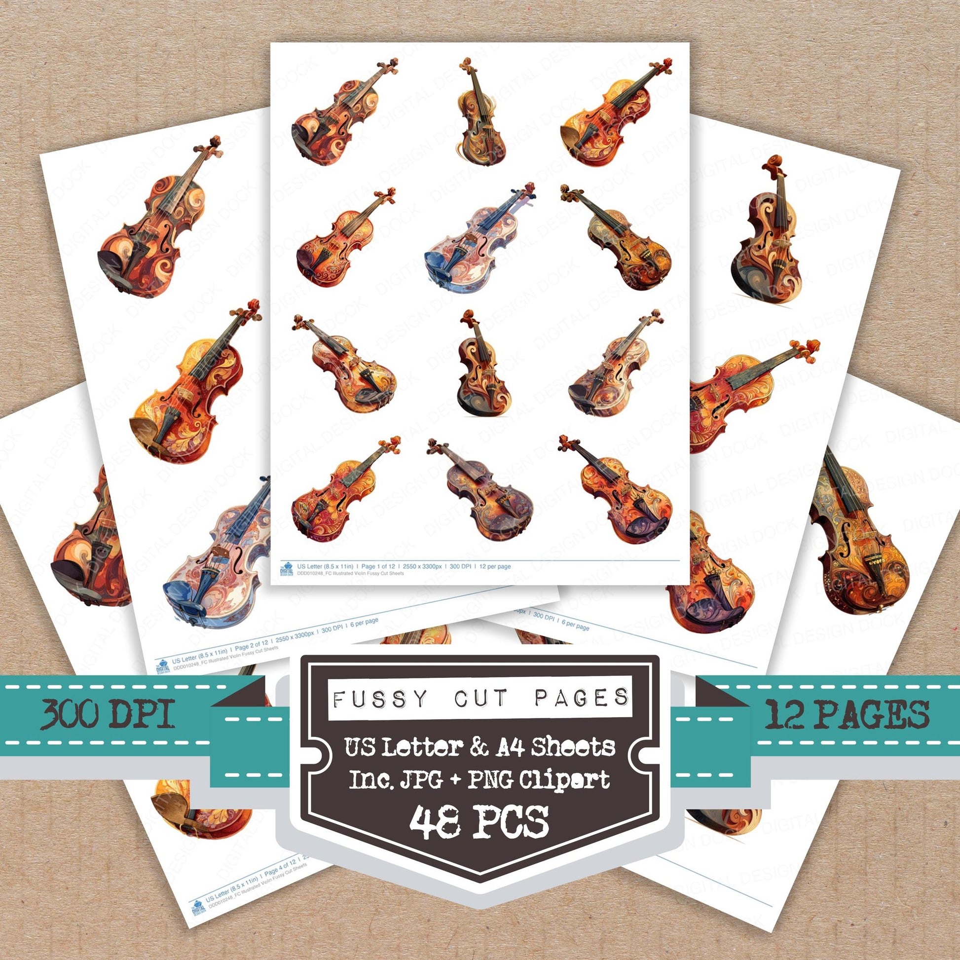 Illustrated Violin fussy cut printable sheets for junk journaling, scrapbooking, and paper craft projects