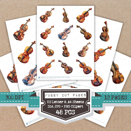 Illustrated Violin fussy cut printable sheets for junk journaling, scrapbooking, and paper craft projects