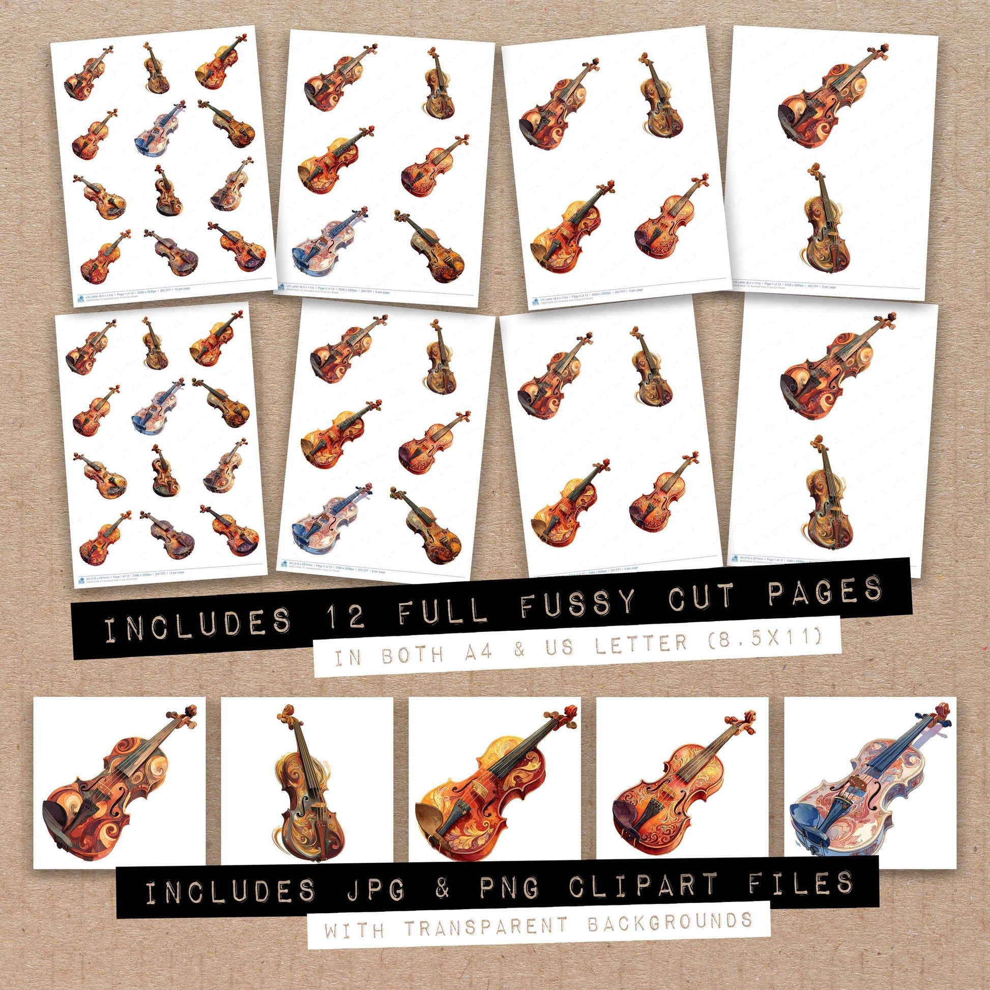 Full collection view of Illustrated Violin fussy cut sheets with bonus clipart JPG and PNG files