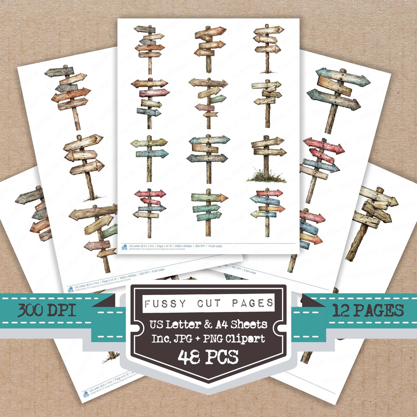 Imaginary Places Signpost fussy cut printable sheets for junk journaling, scrapbooking, and paper craft projects