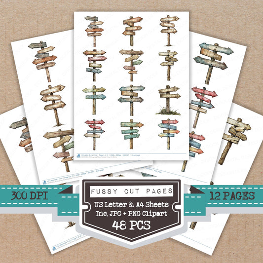 Imaginary Places Signpost fussy cut printable sheets for junk journaling, scrapbooking, and paper craft projects