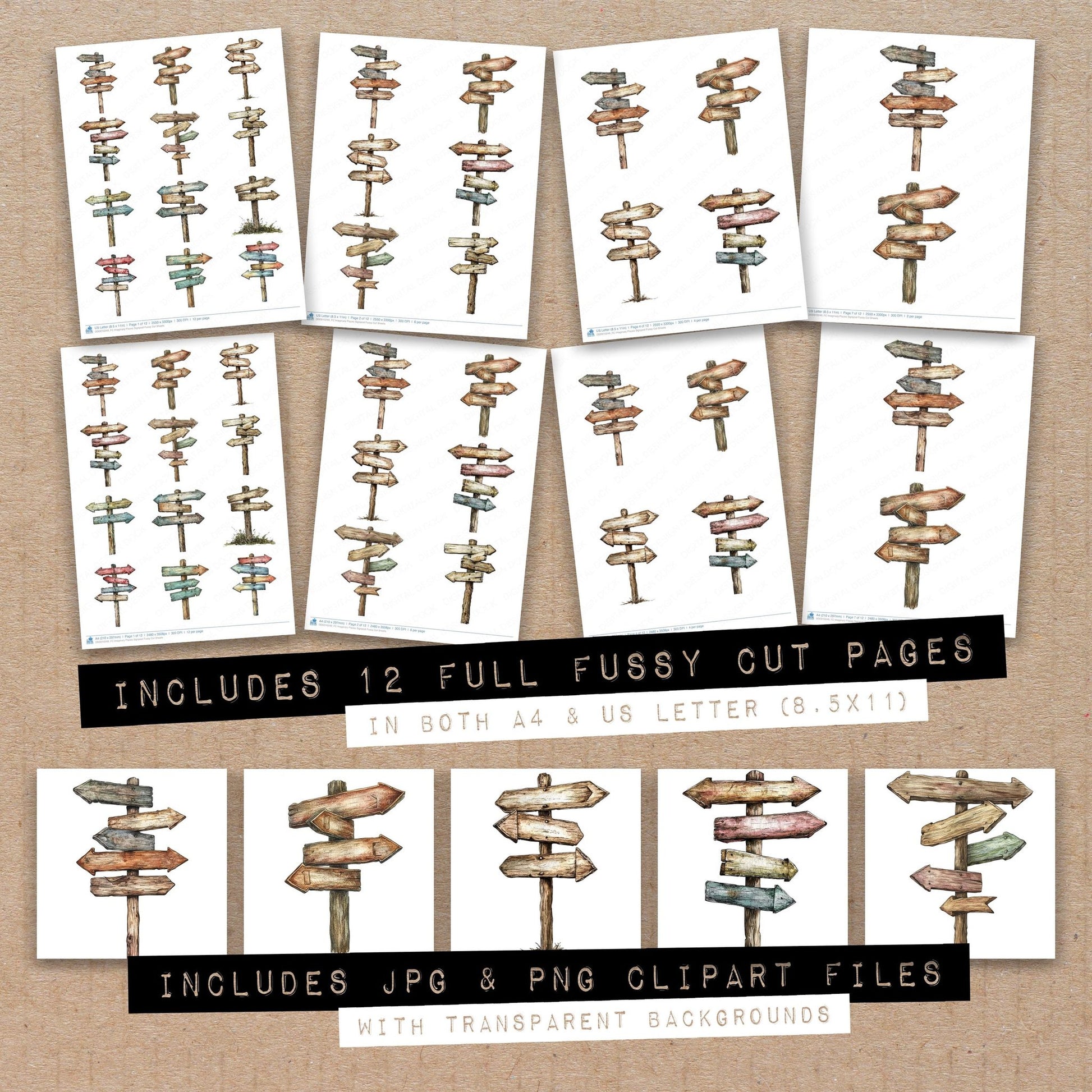 Full collection view of Imaginary Places Signpost fussy cut sheets with bonus clipart JPG and PNG files