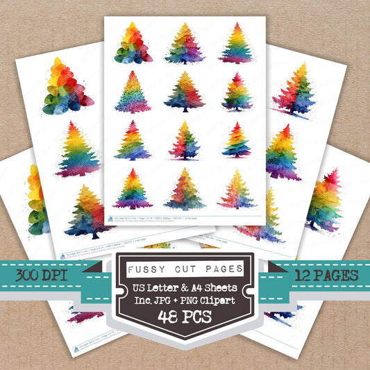 Impressionist Rainbow Christmas Tree fussy cut printable sheets for junk journaling, scrapbooking, and paper craft projects