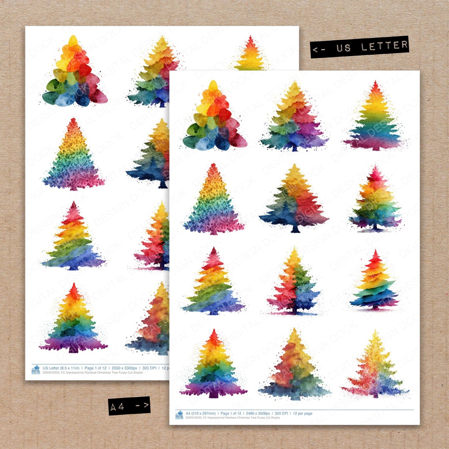 A4 and US Letter format comparison showing Impressionist Rainbow Christmas Tree fussy cut pages for print and cut crafting