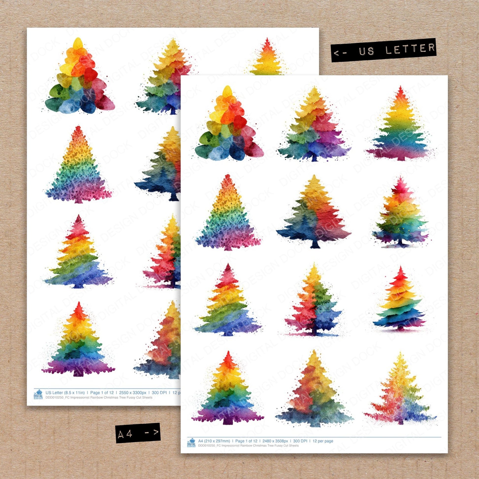 A4 and US Letter format comparison showing Impressionist Rainbow Christmas Tree fussy cut pages for print and cut crafting