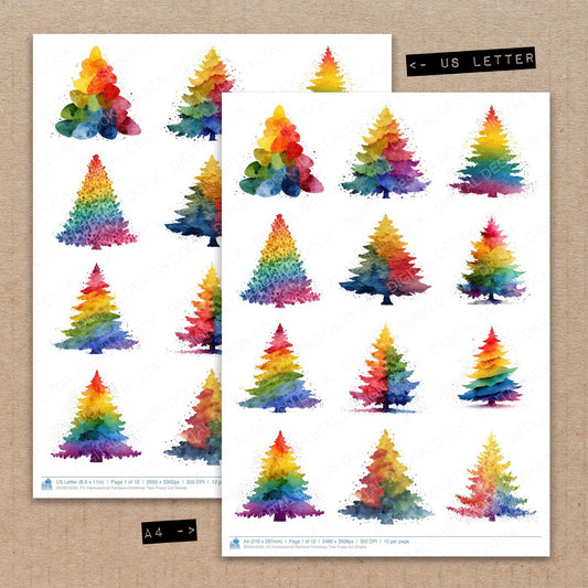 A4 and US Letter format comparison showing Impressionist Rainbow Christmas Tree fussy cut pages for print and cut crafting