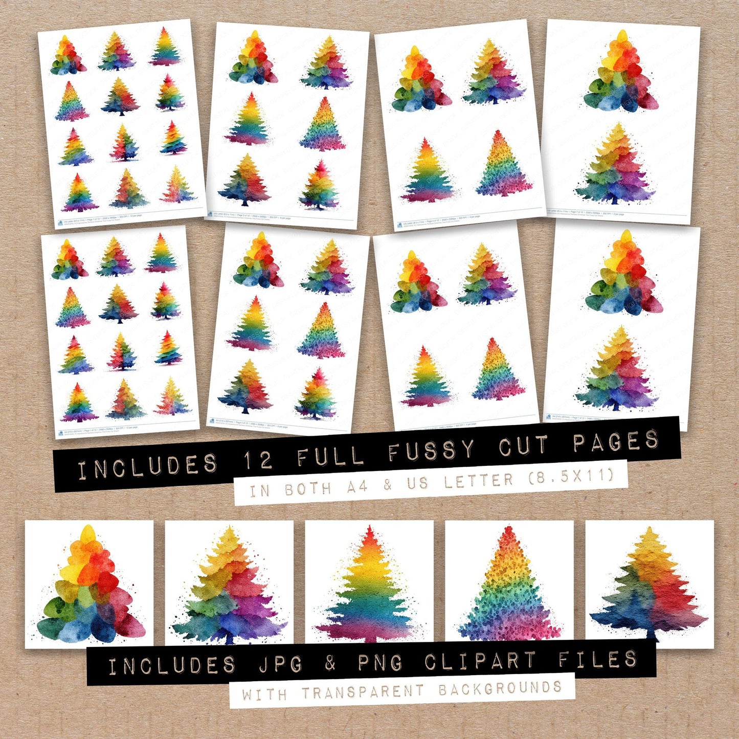 Full collection view of Impressionist Rainbow Christmas Tree fussy cut sheets with bonus clipart JPG and PNG files