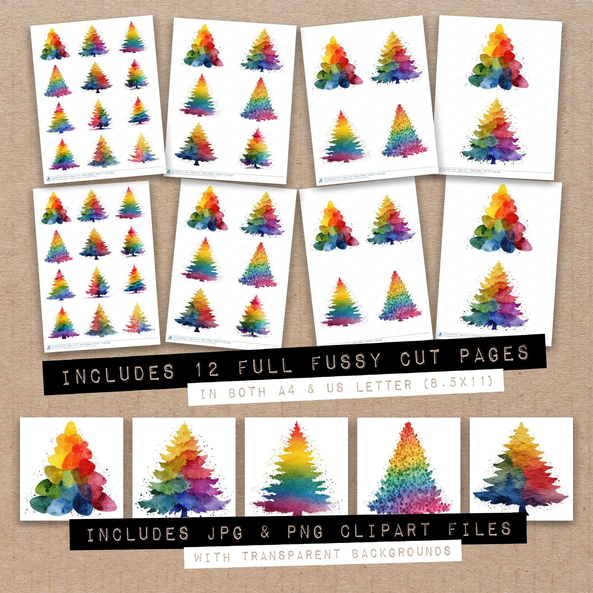 Full collection view of Impressionist Rainbow Christmas Tree fussy cut sheets with bonus clipart JPG and PNG files