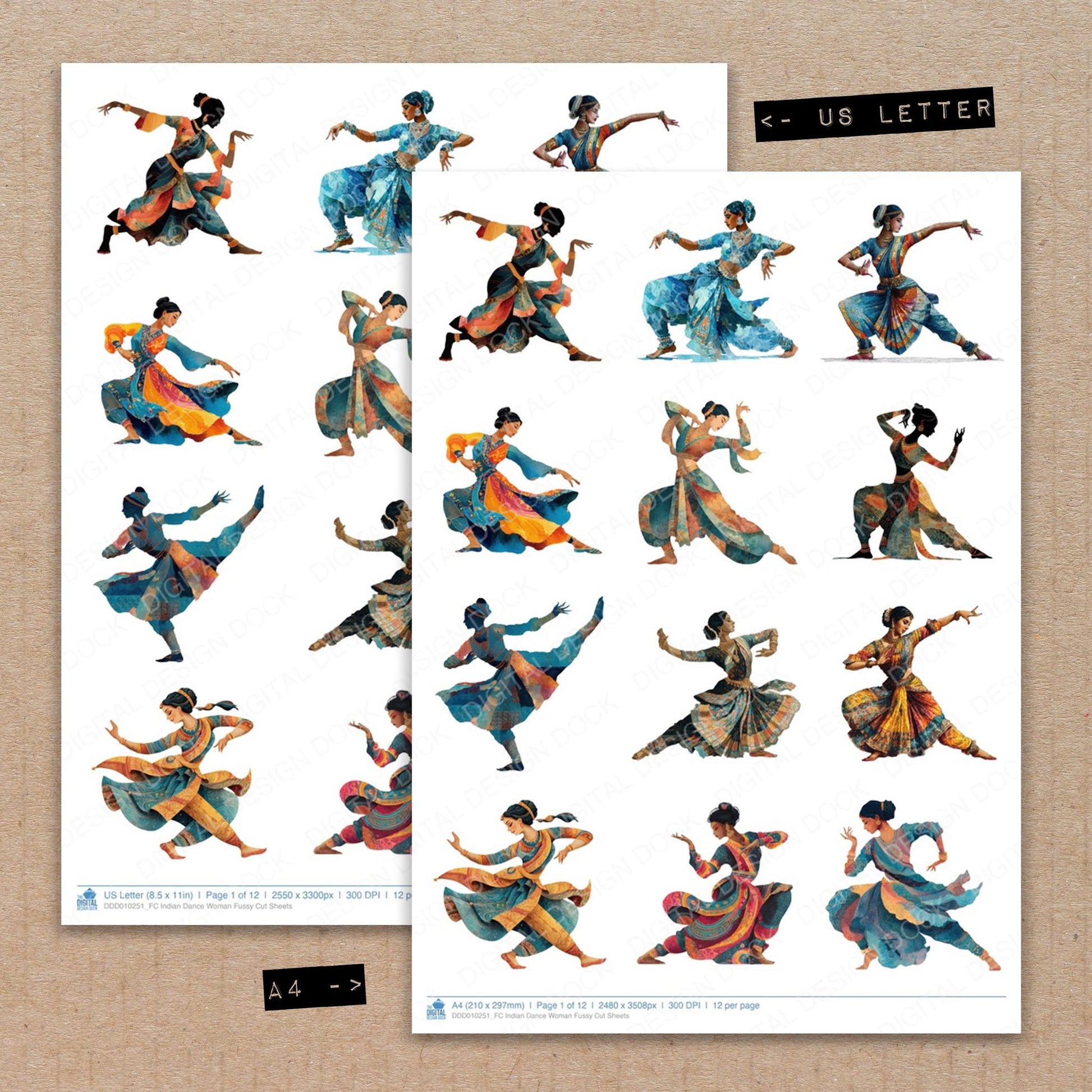 A4 and US Letter format comparison showing Indian Dance Woman fussy cut pages for print and cut crafting