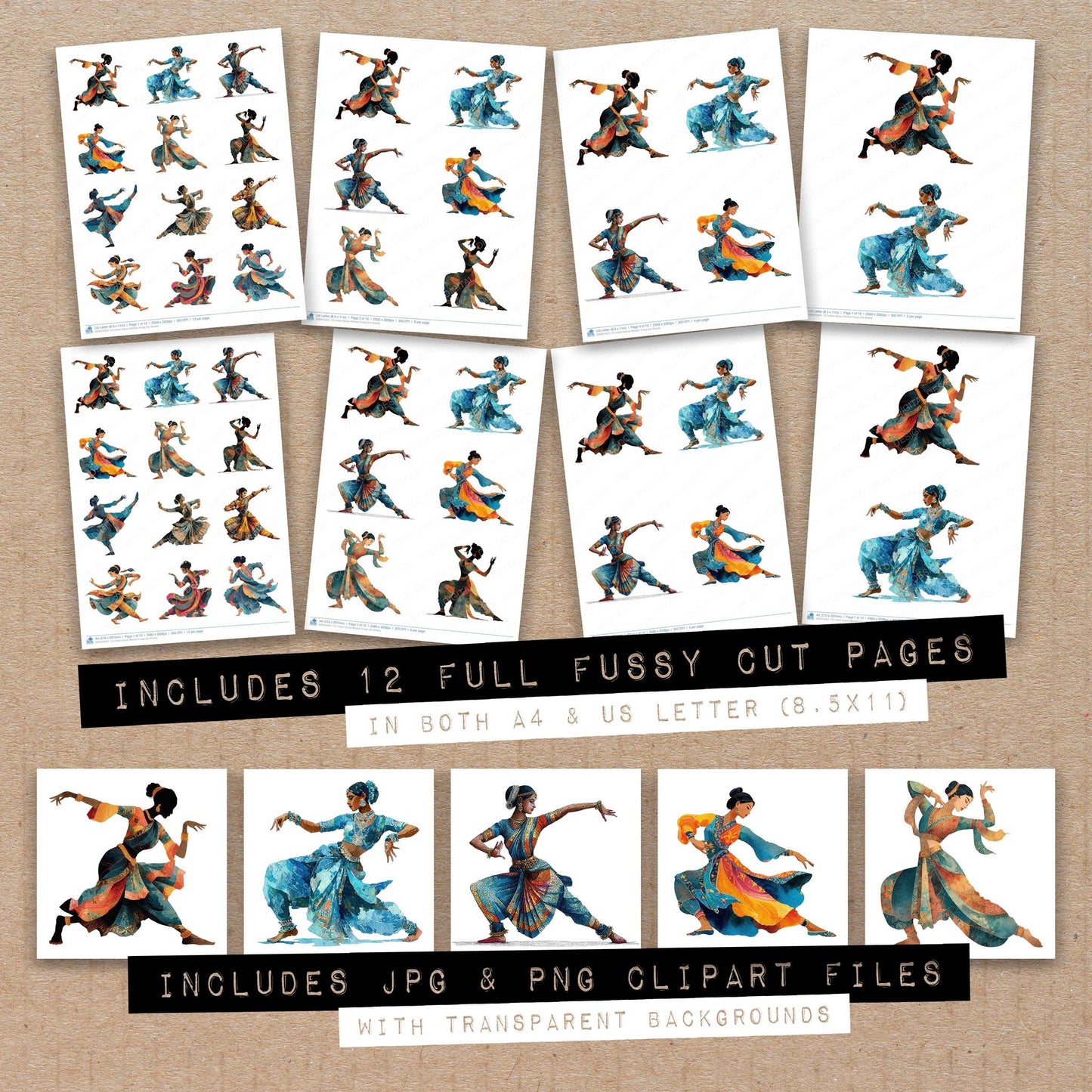 Full collection view of Indian Dance Woman fussy cut sheets with bonus clipart JPG and PNG files