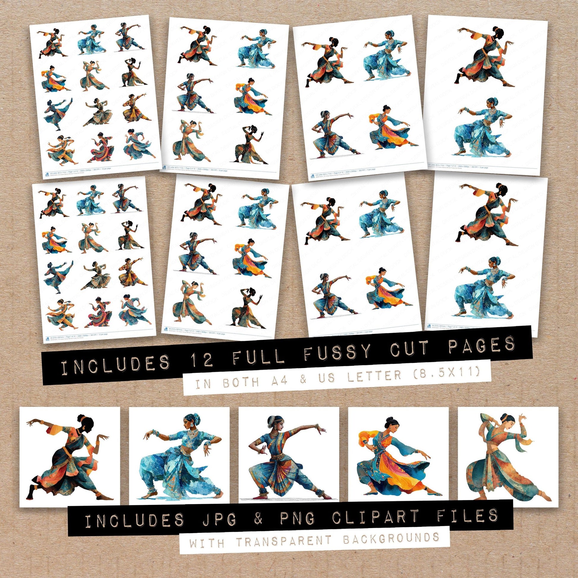Full collection view of Indian Dance Woman fussy cut sheets with bonus clipart JPG and PNG files