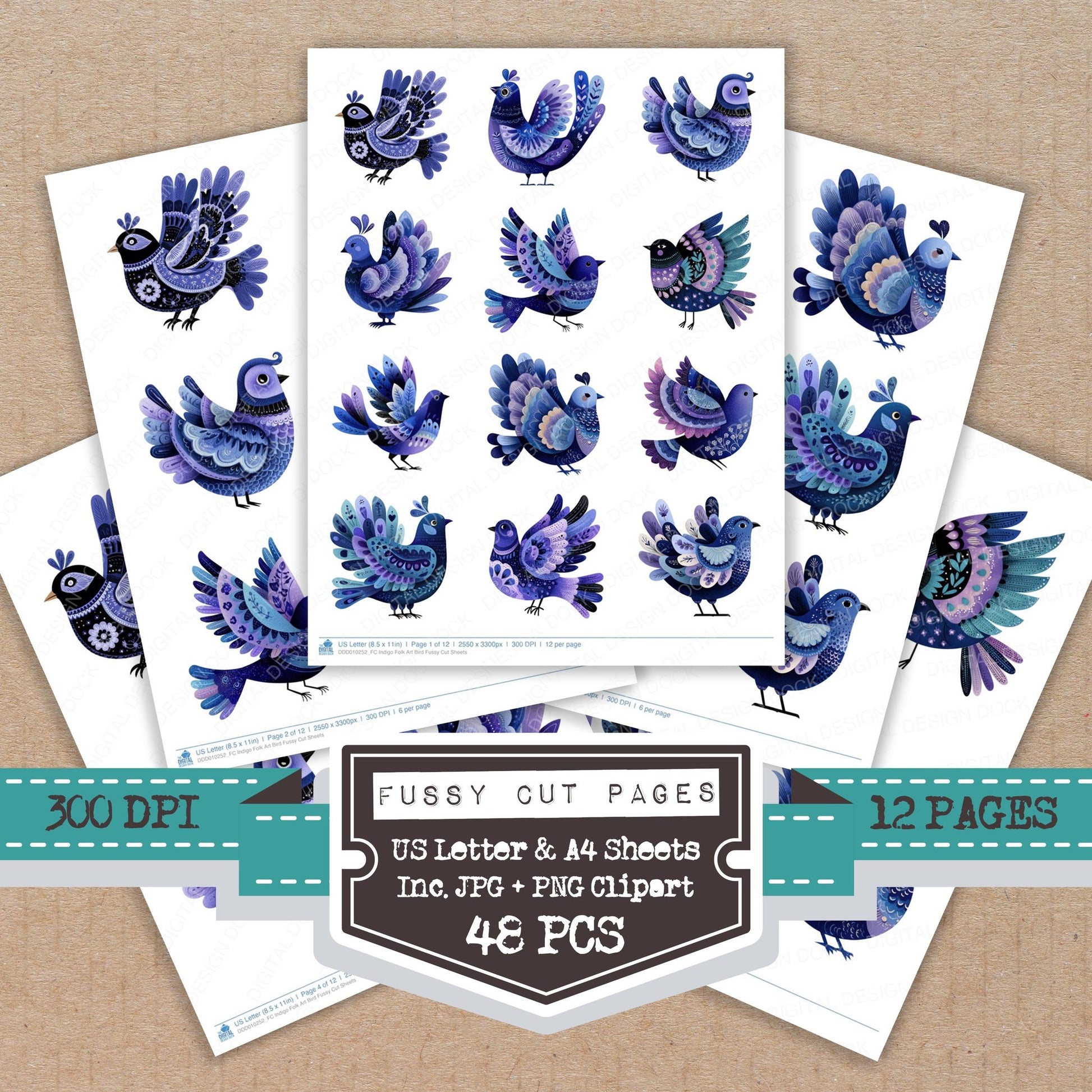 Indigo Folk Art Bird fussy cut printable sheets for junk journaling, scrapbooking, and paper craft projects