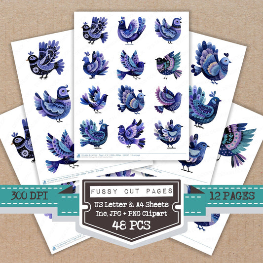 Indigo Folk Art Bird fussy cut printable sheets for junk journaling, scrapbooking, and paper craft projects