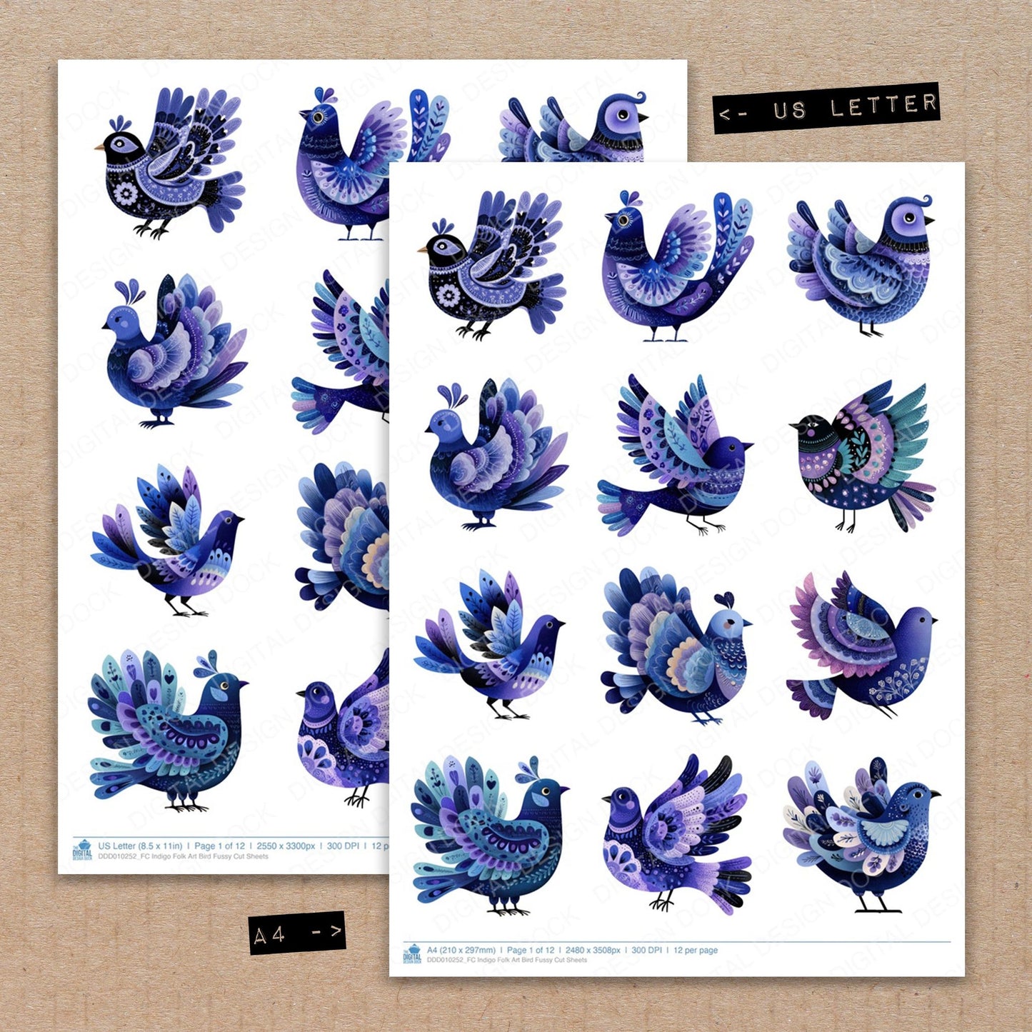 A4 and US Letter format comparison showing Indigo Folk Art Bird fussy cut pages for print and cut crafting