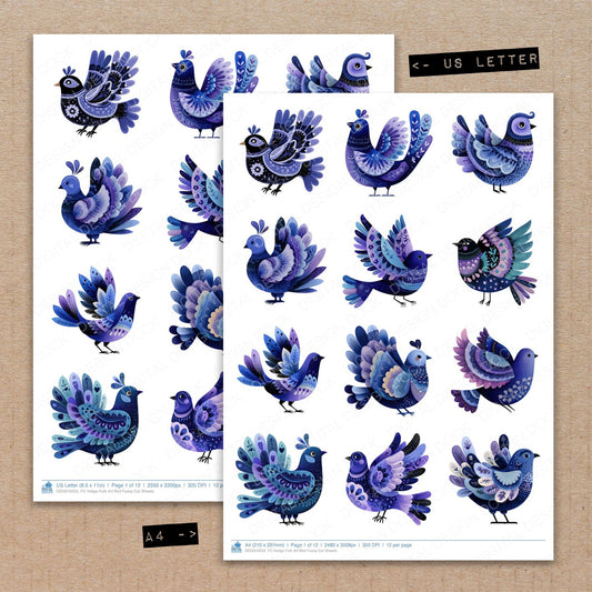 A4 and US Letter format comparison showing Indigo Folk Art Bird fussy cut pages for print and cut crafting