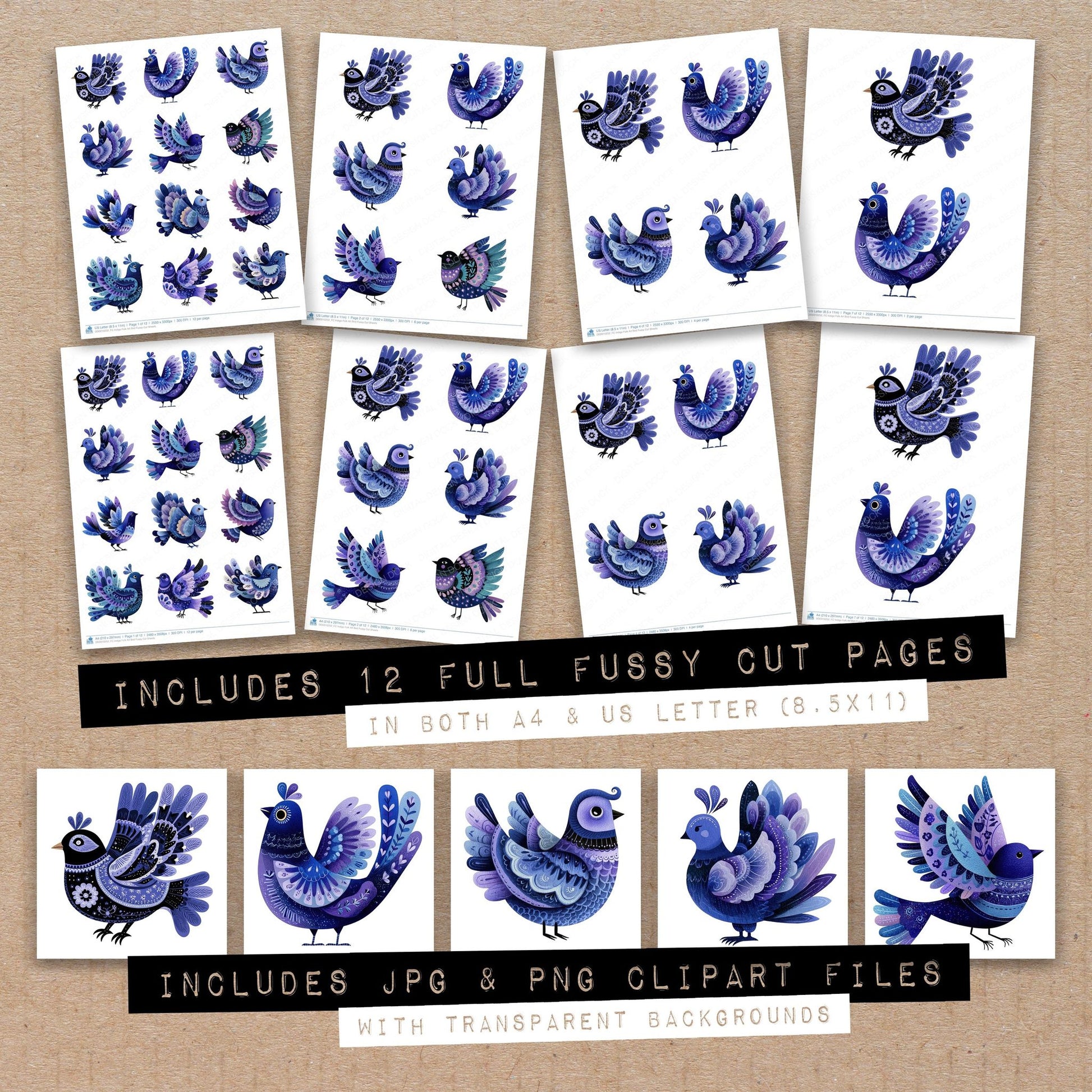 Full collection view of Indigo Folk Art Bird fussy cut sheets with bonus clipart JPG and PNG files