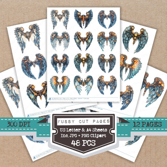 Industrial Glow Angel Wings fussy cut printable sheets for junk journaling, scrapbooking, and paper craft projects