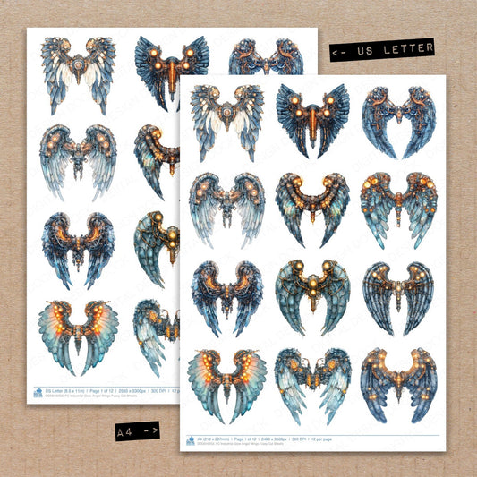 A4 and US Letter format comparison showing Industrial Glow Angel Wings fussy cut pages for print and cut crafting