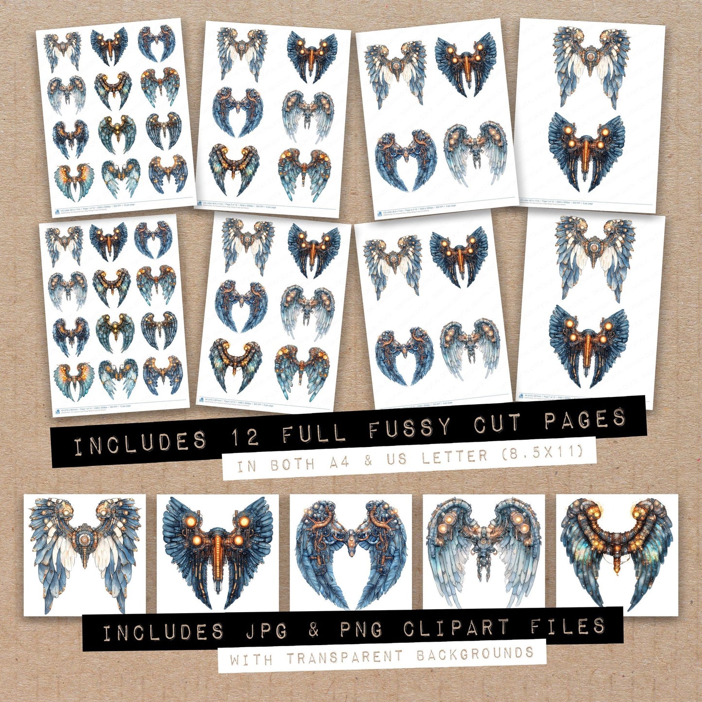 Full collection view of Industrial Glow Angel Wings fussy cut sheets with bonus clipart JPG and PNG files