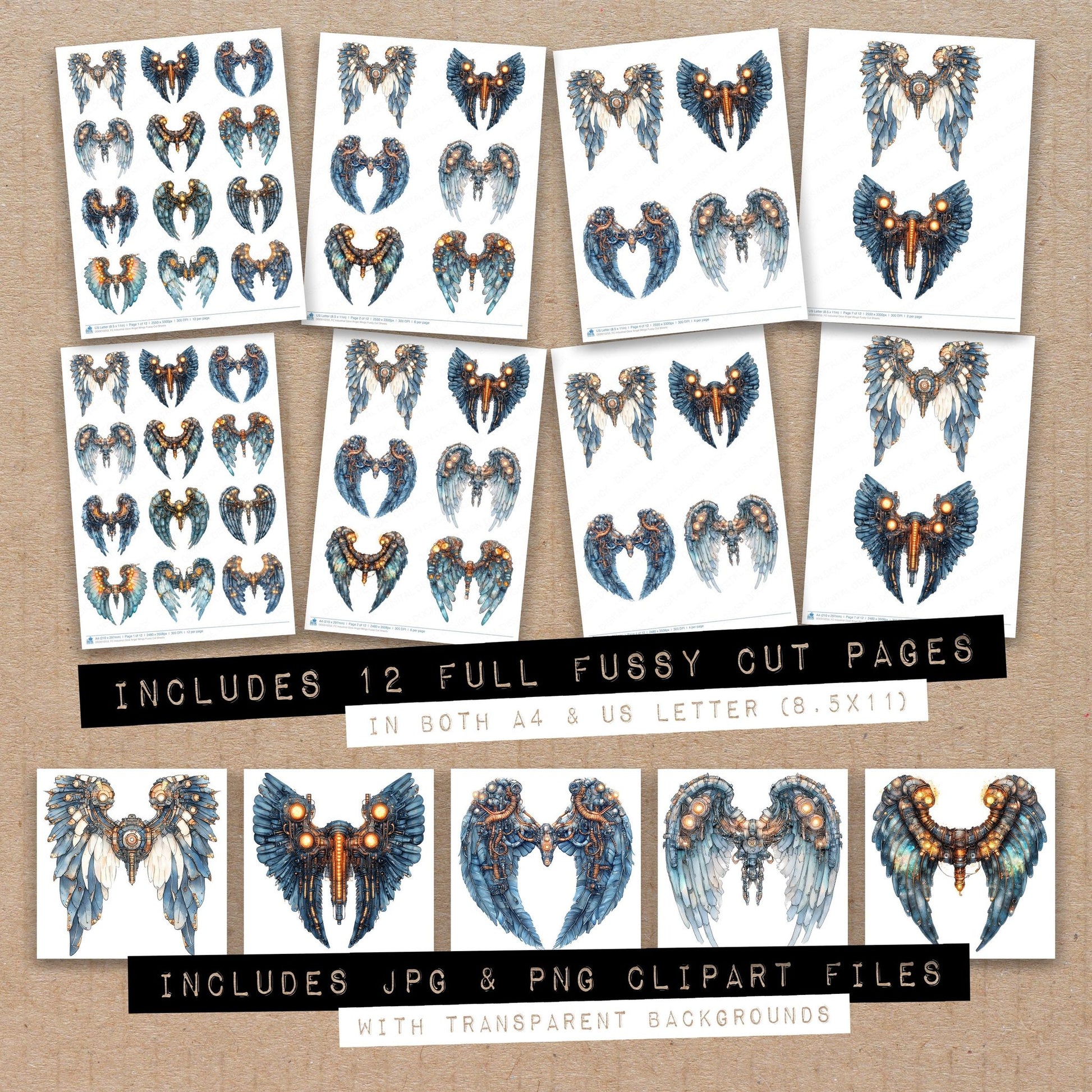Full collection view of Industrial Glow Angel Wings fussy cut sheets with bonus clipart JPG and PNG files