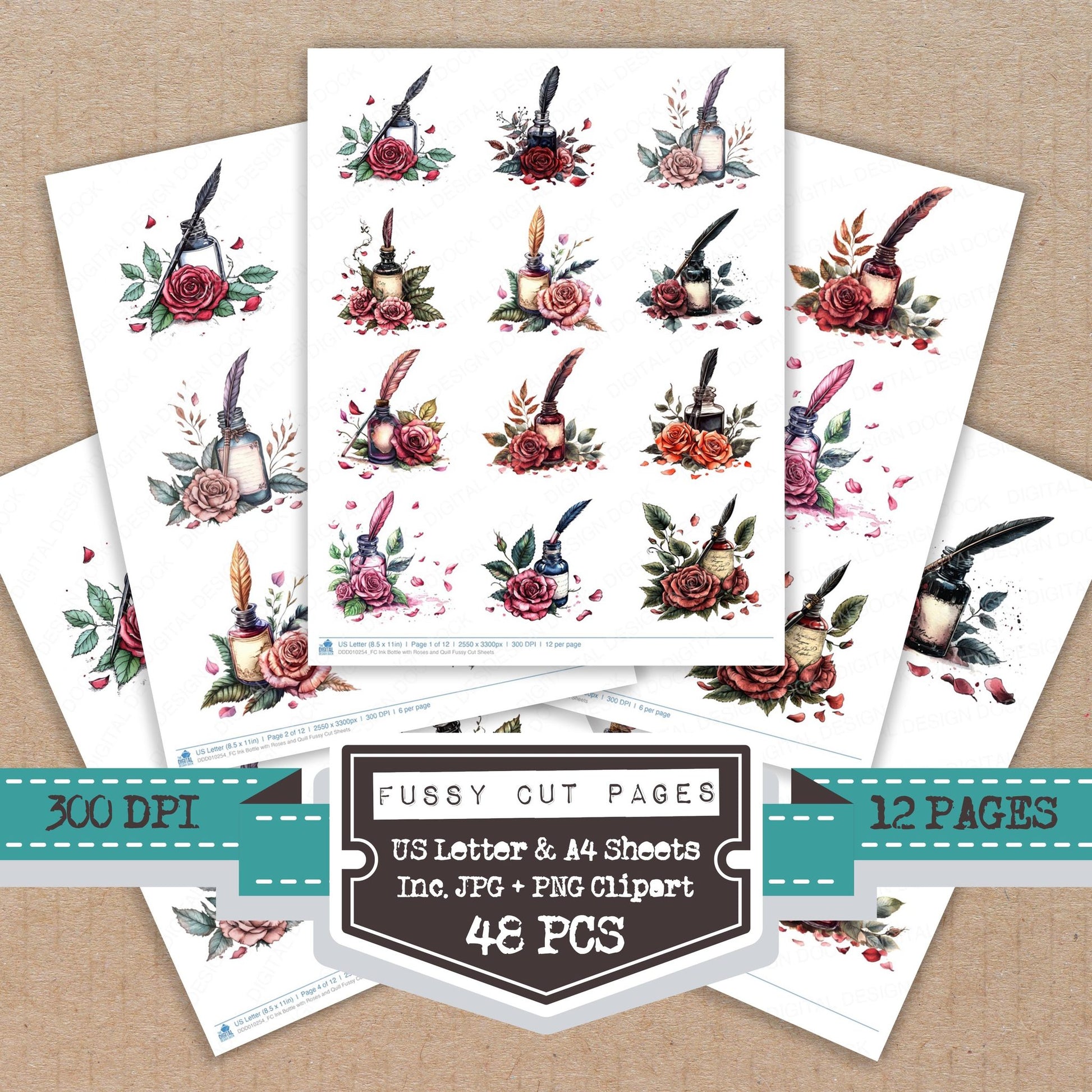 Ink Bottle with Roses and Quill fussy cut printable sheets for junk journaling, scrapbooking, and paper craft projects
