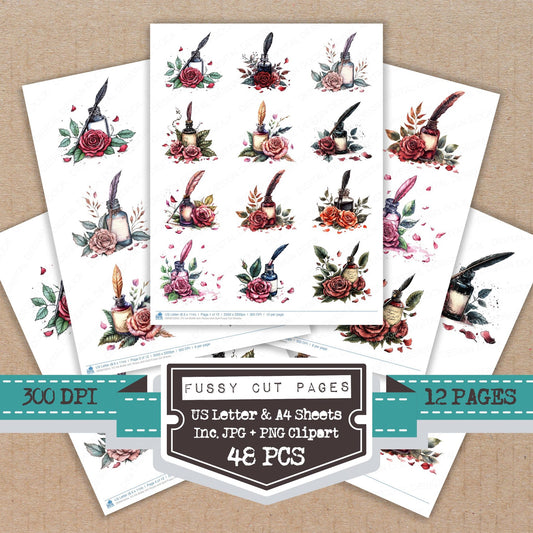 Ink Bottle with Roses and Quill fussy cut printable sheets for junk journaling, scrapbooking, and paper craft projects