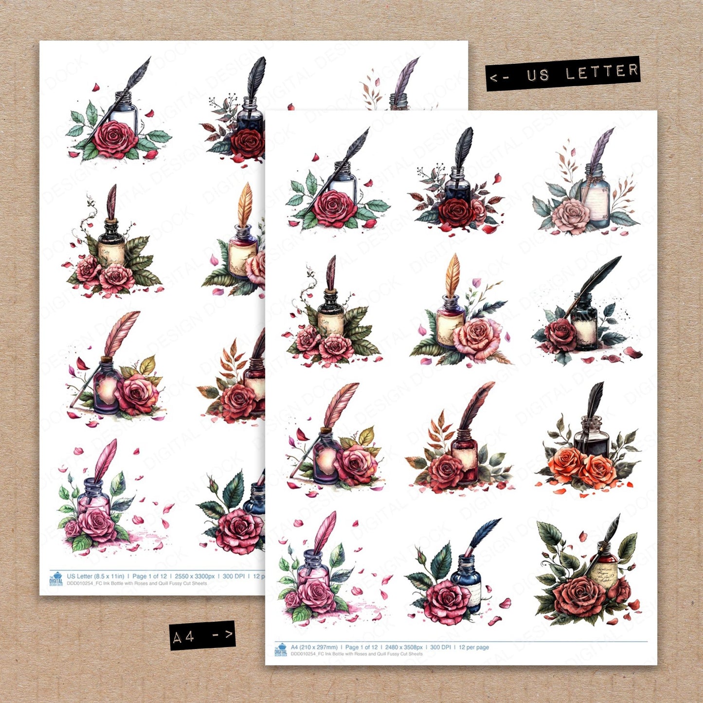 A4 and US Letter format comparison showing Ink Bottle with Roses and Quill fussy cut pages for print and cut crafting