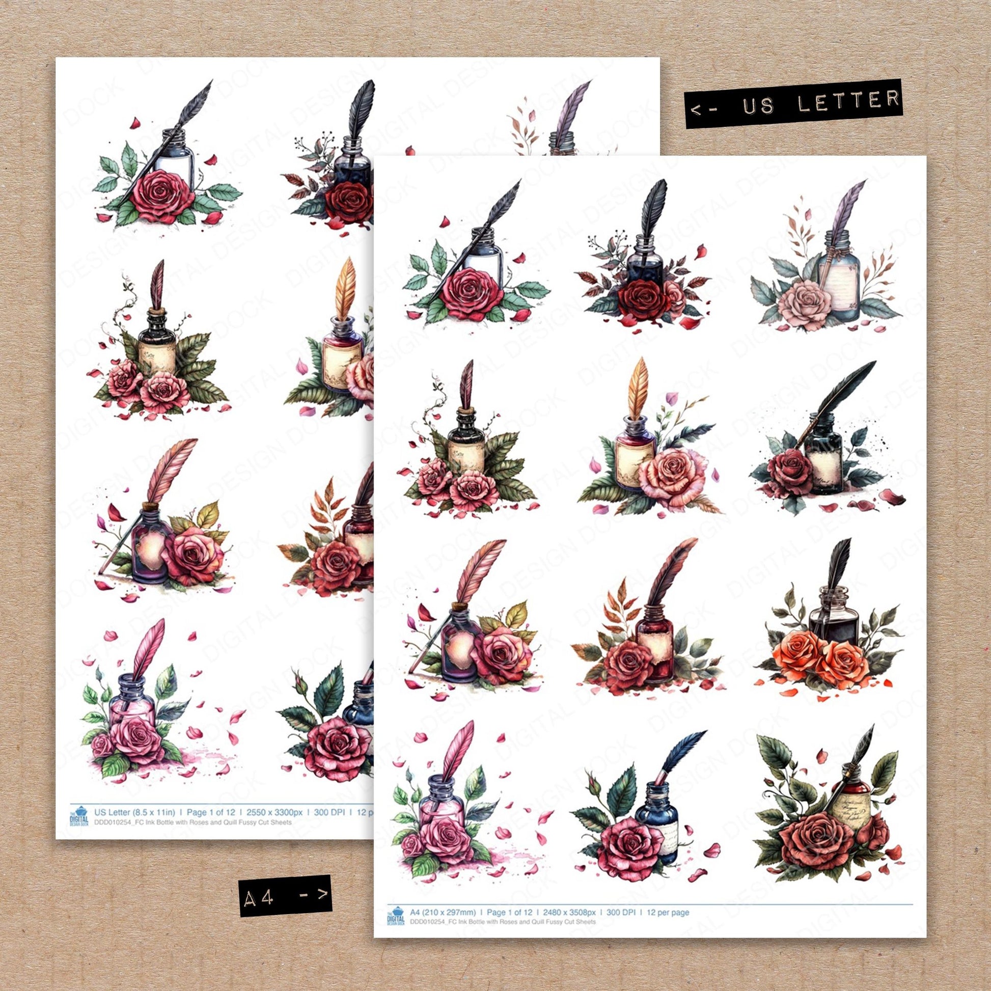 A4 and US Letter format comparison showing Ink Bottle with Roses and Quill fussy cut pages for print and cut crafting