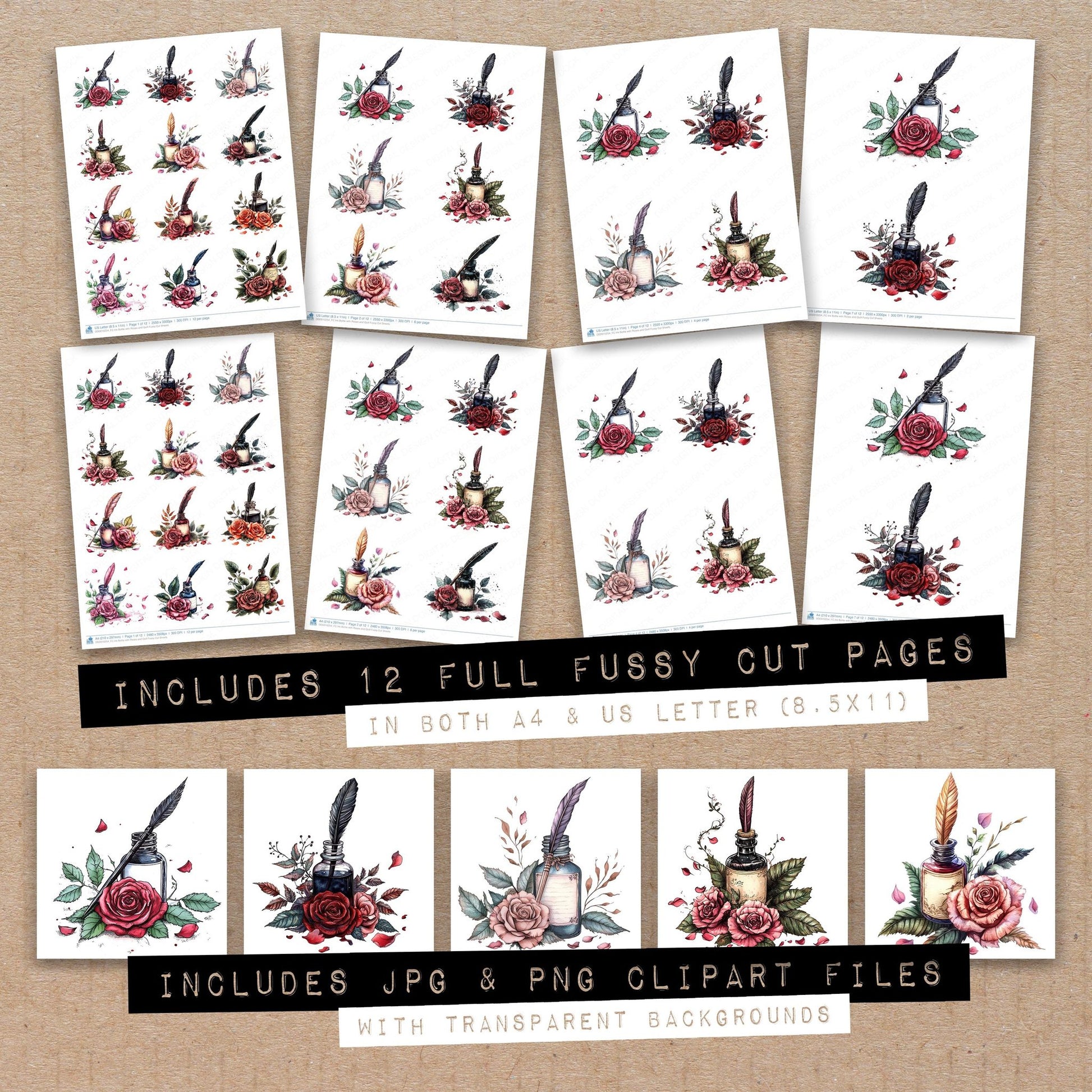 Full collection view of Ink Bottle with Roses and Quill fussy cut sheets with bonus clipart JPG and PNG files