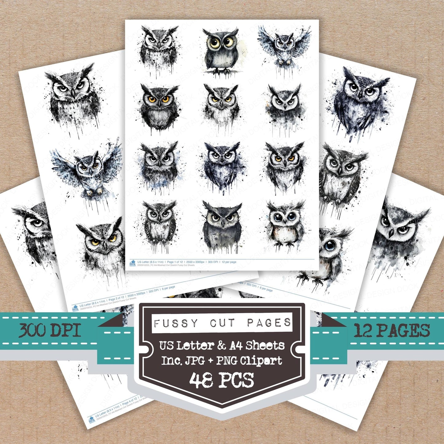 Ink-Washed Owl Sketch Fussy Cut Sheets (DDD010255)