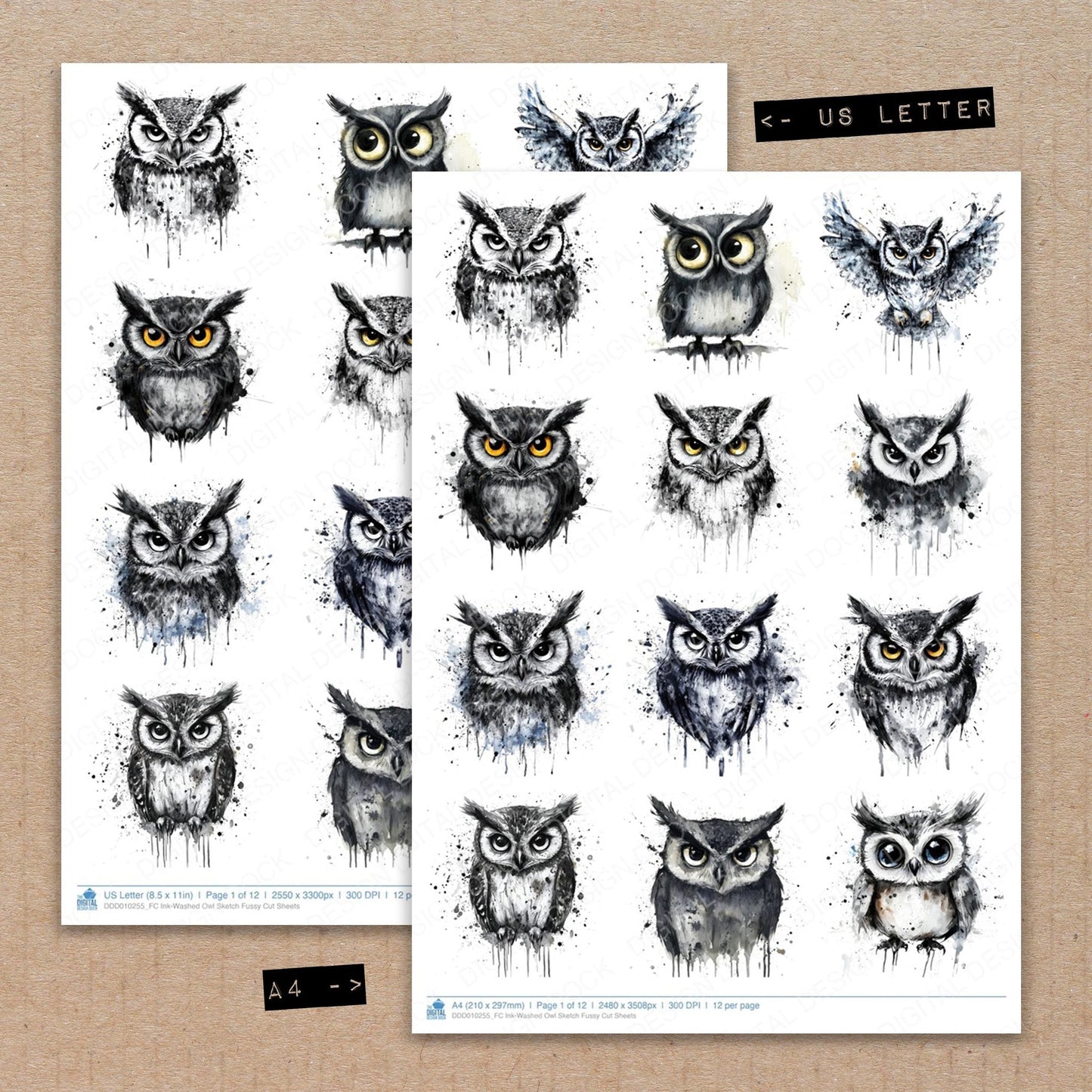 Ink-Washed Owl Sketch Fussy Cut Sheets (DDD010255)
