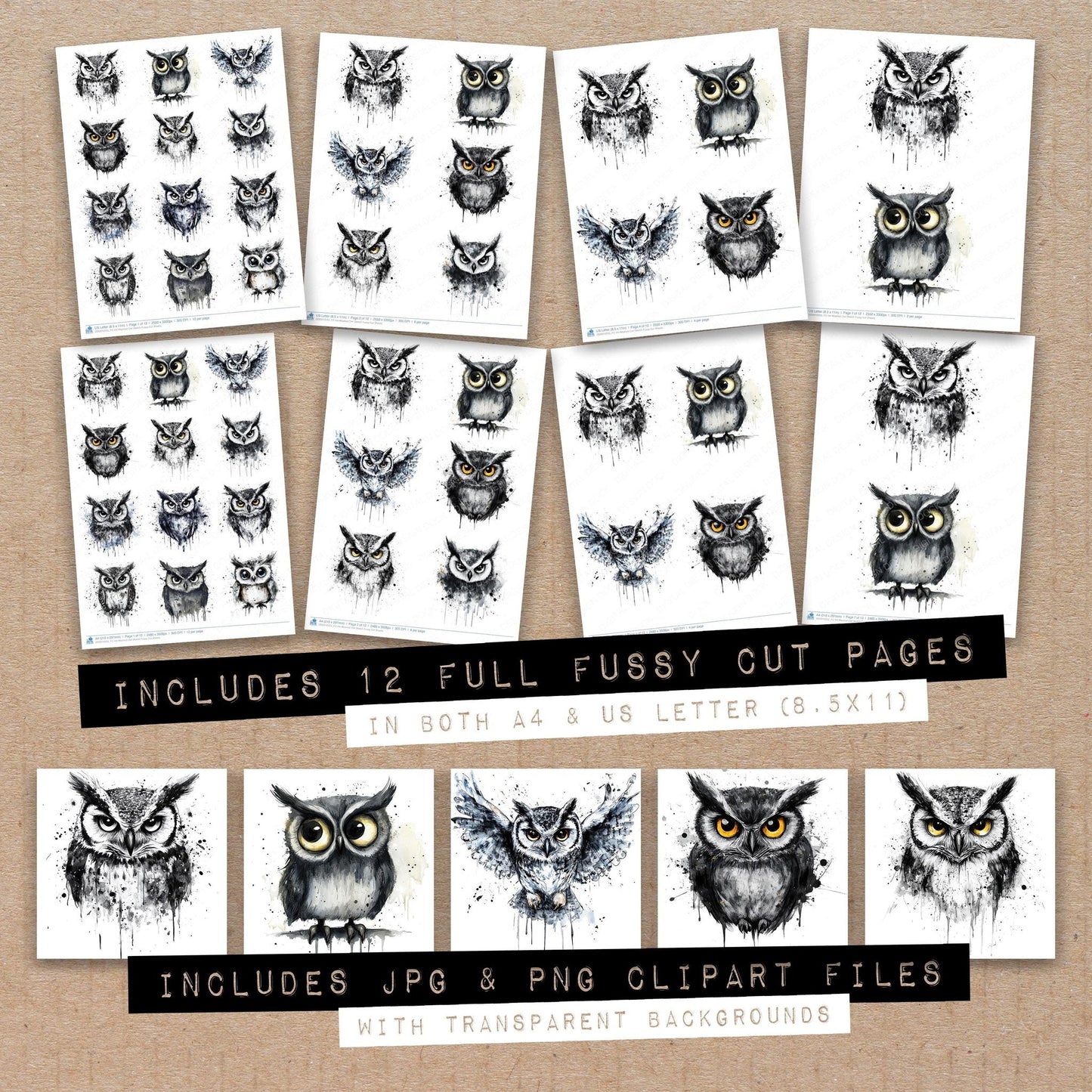 Ink-Washed Owl Sketch Fussy Cut Sheets (DDD010255)