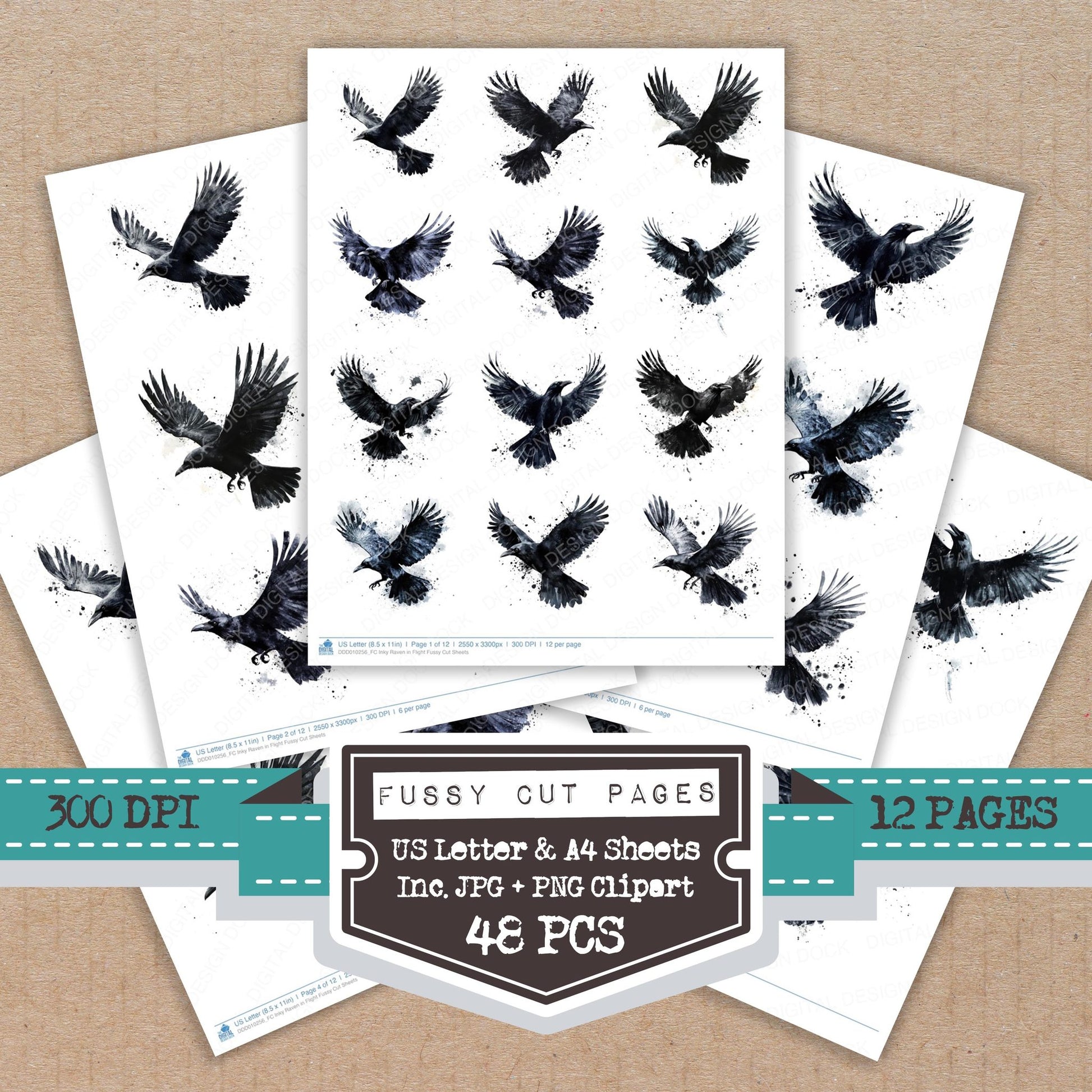 Inky Raven in Flight fussy cut printable sheets for junk journaling, scrapbooking, and paper craft projects