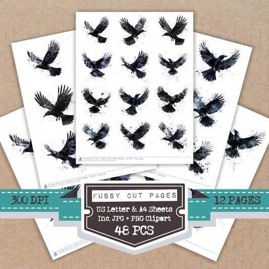 Inky Raven in Flight fussy cut printable sheets for junk journaling, scrapbooking, and paper craft projects