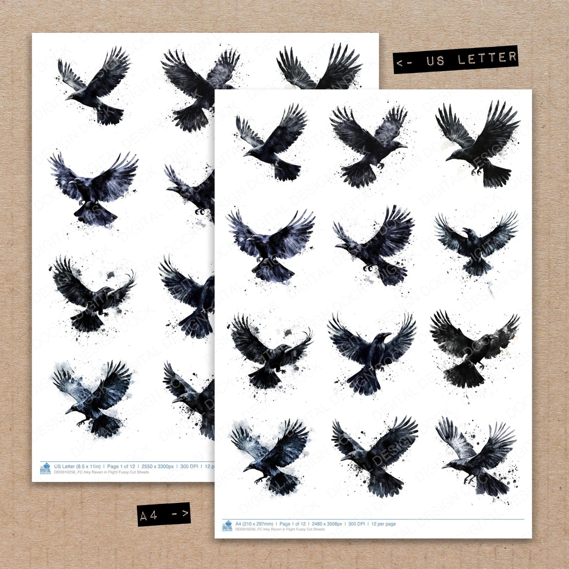 A4 and US Letter format comparison showing Inky Raven in Flight fussy cut pages for print and cut crafting