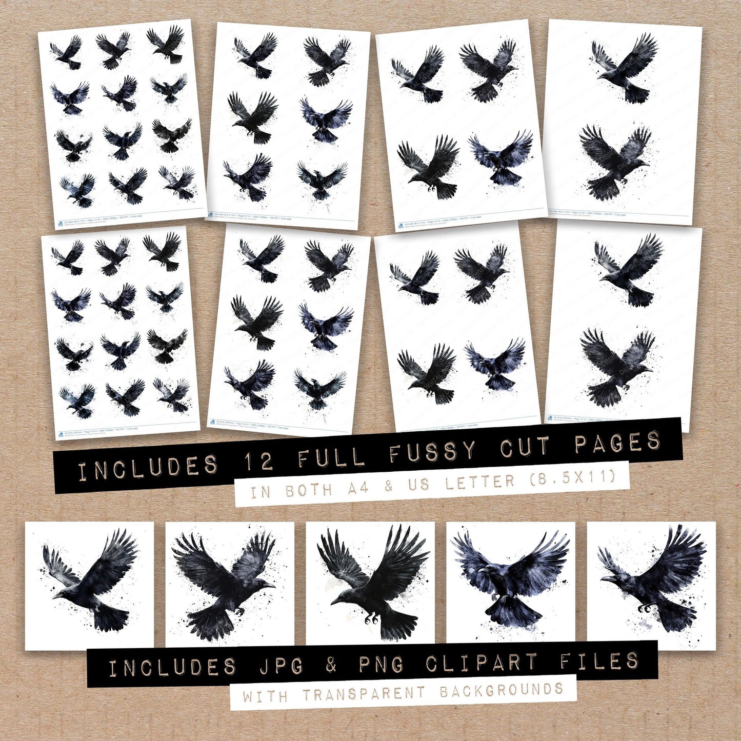 Full collection view of Inky Raven in Flight fussy cut sheets with bonus clipart JPG and PNG files